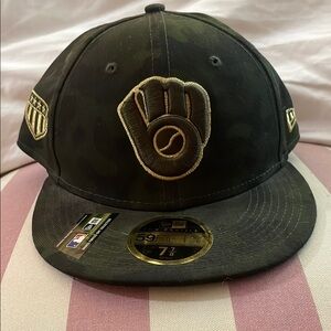 New Era Black and Gold Hat with Baseball Mitt Emblem